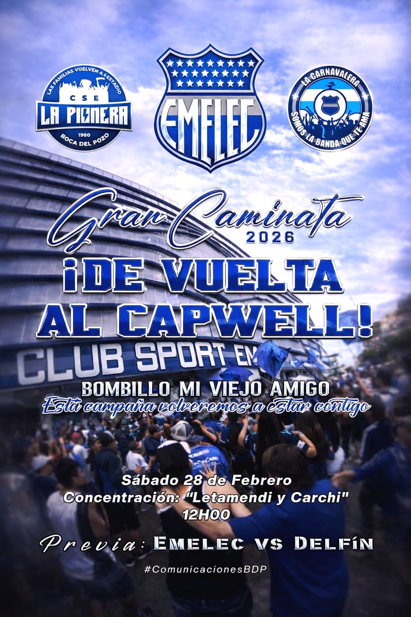 La familia Pionera Boca del pozo convoca a toda su hinchada a ser parte de la Gran Caminata 2026  De vuelta al Capwell, uniendo fuerzas y pasión para volver a acompañar a nuestro Bombillo como se merece.
Fecha: Sábado 28 de febrero
Hora de concentración: 12h00