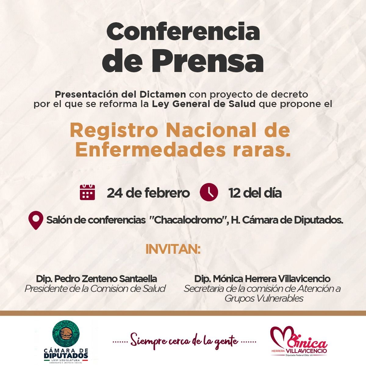 MONICA_HEVILLA's tweet image. #♿️🇲🇽

Rueda de prensa de mañana Martes 24 de #febrero en la H. Cámara de @Mx_Diputados a las 12:00 del día, ojalá nos puedan acompañar en la presentación del dictamen donde se reforma la ley General de Salud que propone el Registro Nacional de #EnfermedadesRaras, impulsado por