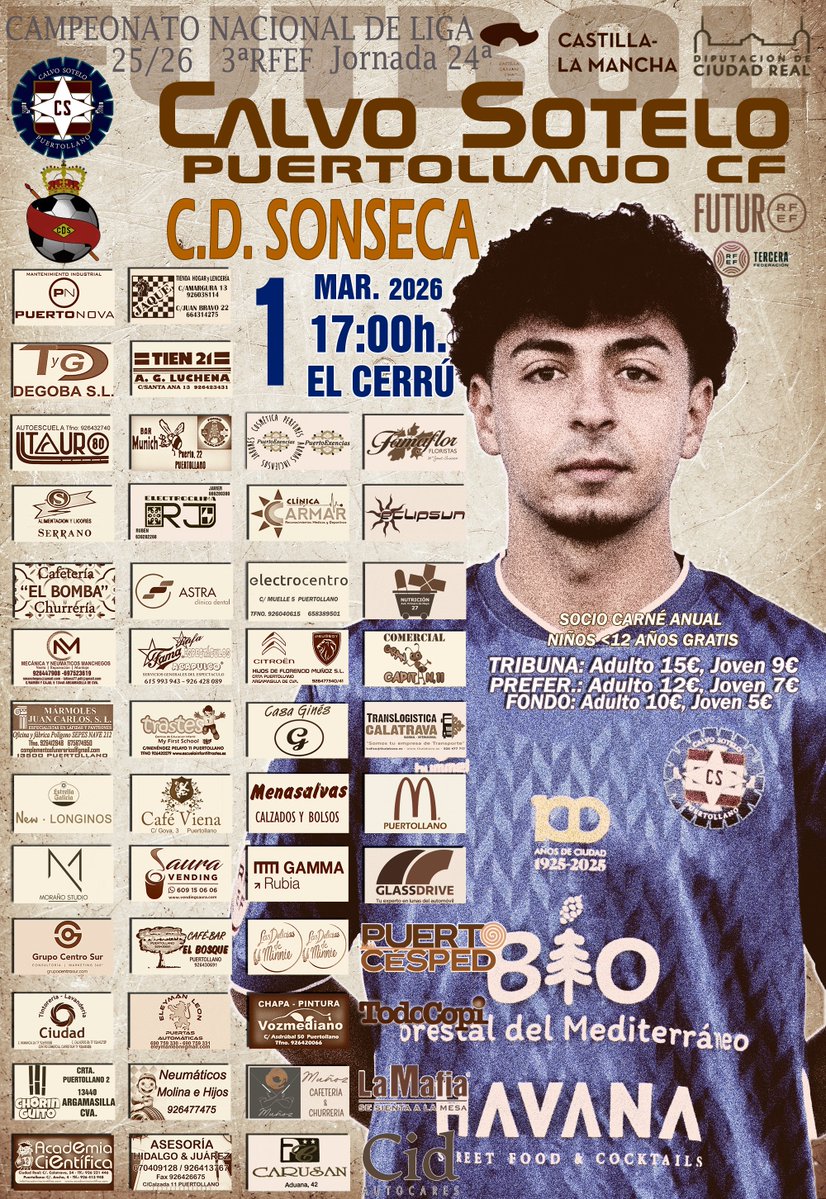 🪧Cartel anunciador
<a href="/cspuertollanocf/">CS Puertollano CF</a> 🆚 <a href="/CDSonseca/">C.D. Sonseca 🔴</a> 

🏆3ªRFEF (jornada 24ª).
🗓️ 01-03-2026.
⌚️17:00h.
🏟️ El Cerrú.