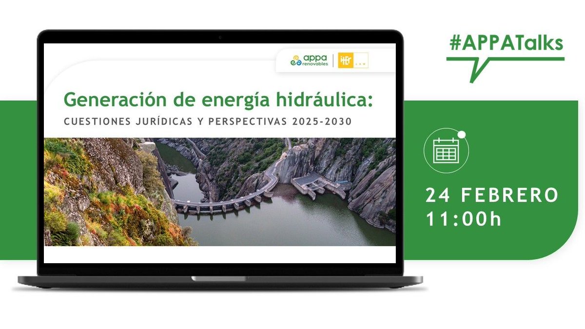APPA_Renovables's tweet photo. 💬 #APPATalks | Te esperamos mañana para analizar los retos regulatorios de la #hidráulica 💧⚖️ concesiones, extinción de títulos, #repotenciación e #hibridación, con @iter_law.
🗓️ 24 febrero | 11:00h | 📥👉 https://t.co/mh79xrPLV4 https://t.co/b8sZUODcoB