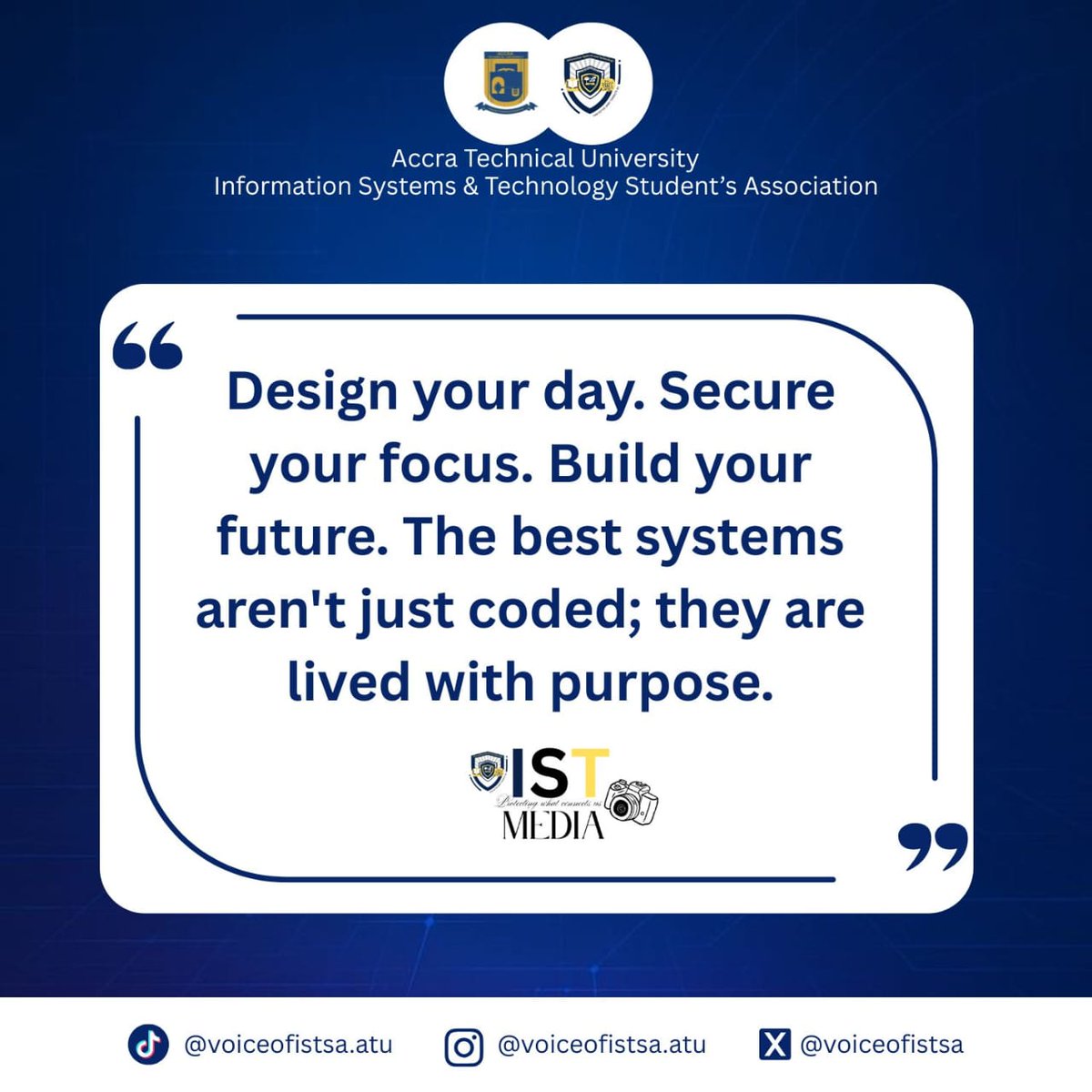 VoiceOfISTSA's tweet photo. Design your day. Secure your focus. Build your future."
The best systems aren't just coded; they are lived with purpose.
Wishing the entire ISTSA family a highly productive and innovative week ahead! Let's build. 💻🚀
#ISTSA #AccraTechnicalUniversity #Techstudents #Motivation https://t.co/xmnx8DloMr