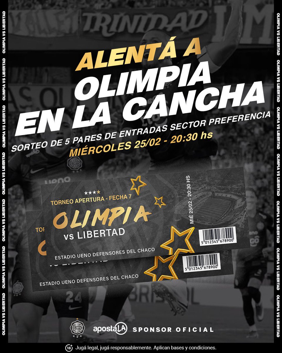 🎉 ¡Sorteamos 5 pares de entradas para alentar a Olimpia! 🖤🤍

¿Cómo participar? 👇
Darle Retweet a este tweet 🔁
Ser cliente de Apostala 💻

📅 Sorteo: Miércoles 25
¡Participá y sentí la fiesta decana! 🖤🤍💥