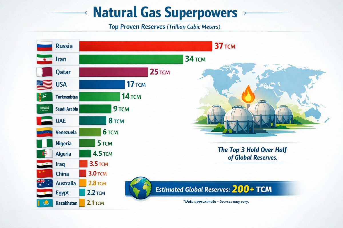 WatcherStats's tweet photo. 🛢 Natural Gas Superpowers
(Proven Reserves – Trillion Cubic Meters)

🇷🇺 Russia: 37
🇮🇷 Iran: 34
🇶🇦 Qatar: 25
🇺🇸 USA: 17
🇹🇲 Turkmenistan: 14
🇸🇦 Saudi Arabia: 9
🇦🇪 UAE: 8
🇻🇪 Venezuela: 6
🇳🇬 Nigeria: 5
🇩🇿 Algeria: 4.5
🇮🇶 Iraq: 3.5
🇨🇳 China: 3.0
🇦🇺 Australia: 2.8
🇪🇬 Egypt: 2.2
🇰🇿 Kazakhstan: 2.1
🌍 Global reserves: 200+ TCM