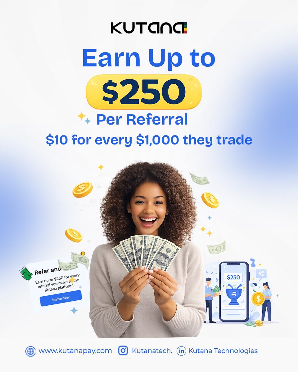 Kutanapay's tweet photo. Referrals that reward you 💸

Zero stress. Real benefits.

✅ Sign up
🔗 Share your link
🎉 Earn rewards

Simple moves. Big wins.
Start your referral journey with Kutana Pay today https://t.co/oDr73iVk2n