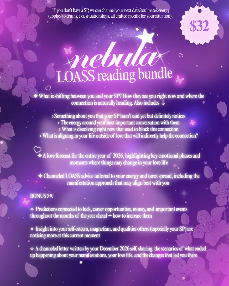 𝒜nnouncement ♡

didn’t book a year ahead reading yet? with my new bundle, you combine LOASS, life predictions + SP insight about 2026 &amp; more! 💜🔮

turnaround time: 1–5 days
same day fee: $17! (see availability).

to book simply DM me ♡
can’t wait to talk to you guys soon! ⭐️