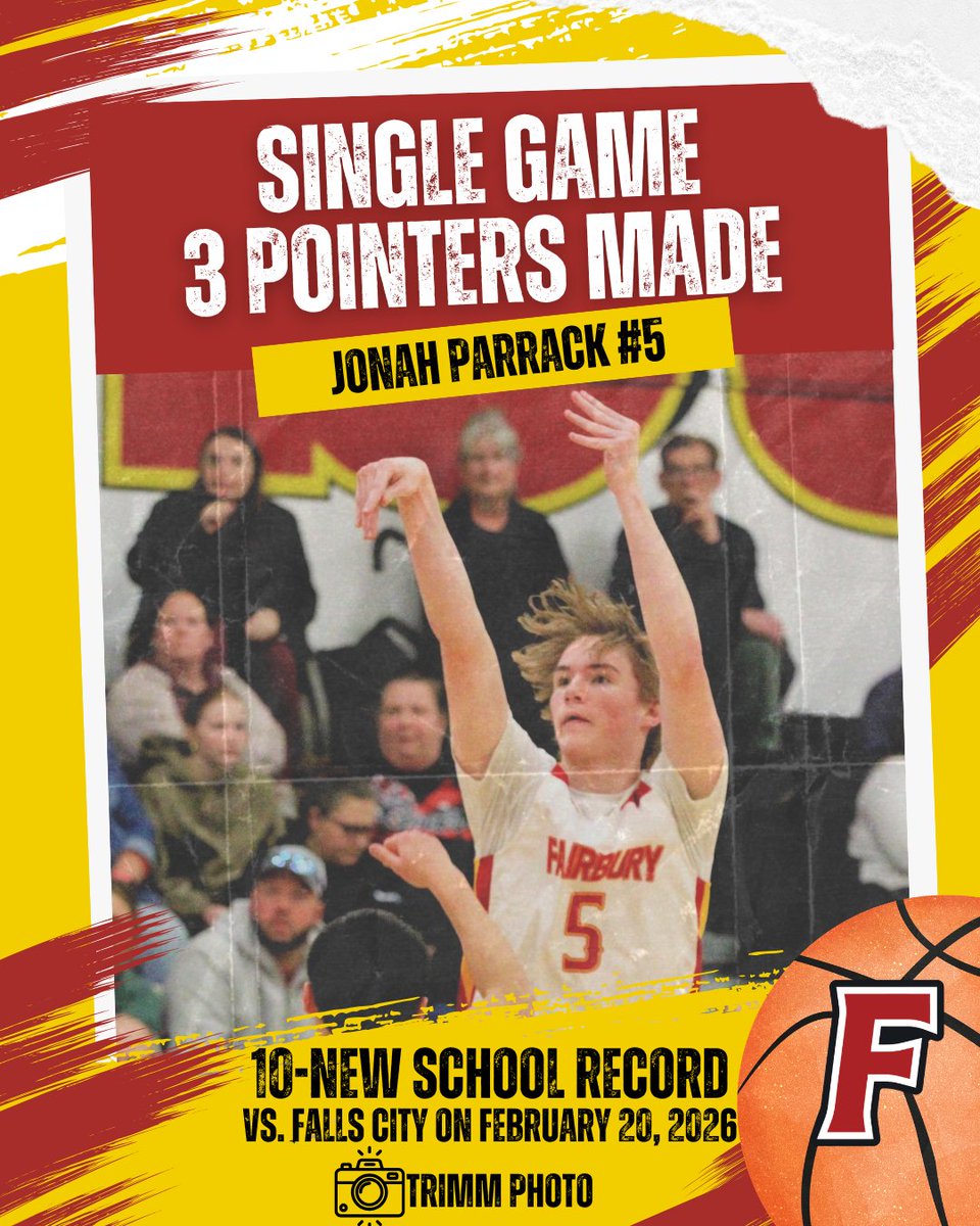 JeffsHighSchool's tweet photo. 🚨 NEW SCHOOL RECORD ALERT 🚨

Jonah Parrack set the new school record for Single Game 3-Pointers Made with TEN 3-Pointers during the game last Friday vs. Falls City!  Way to go Jonah! 

#JeffPride 💛❤️ https://t.co/CC1HT4SHqA