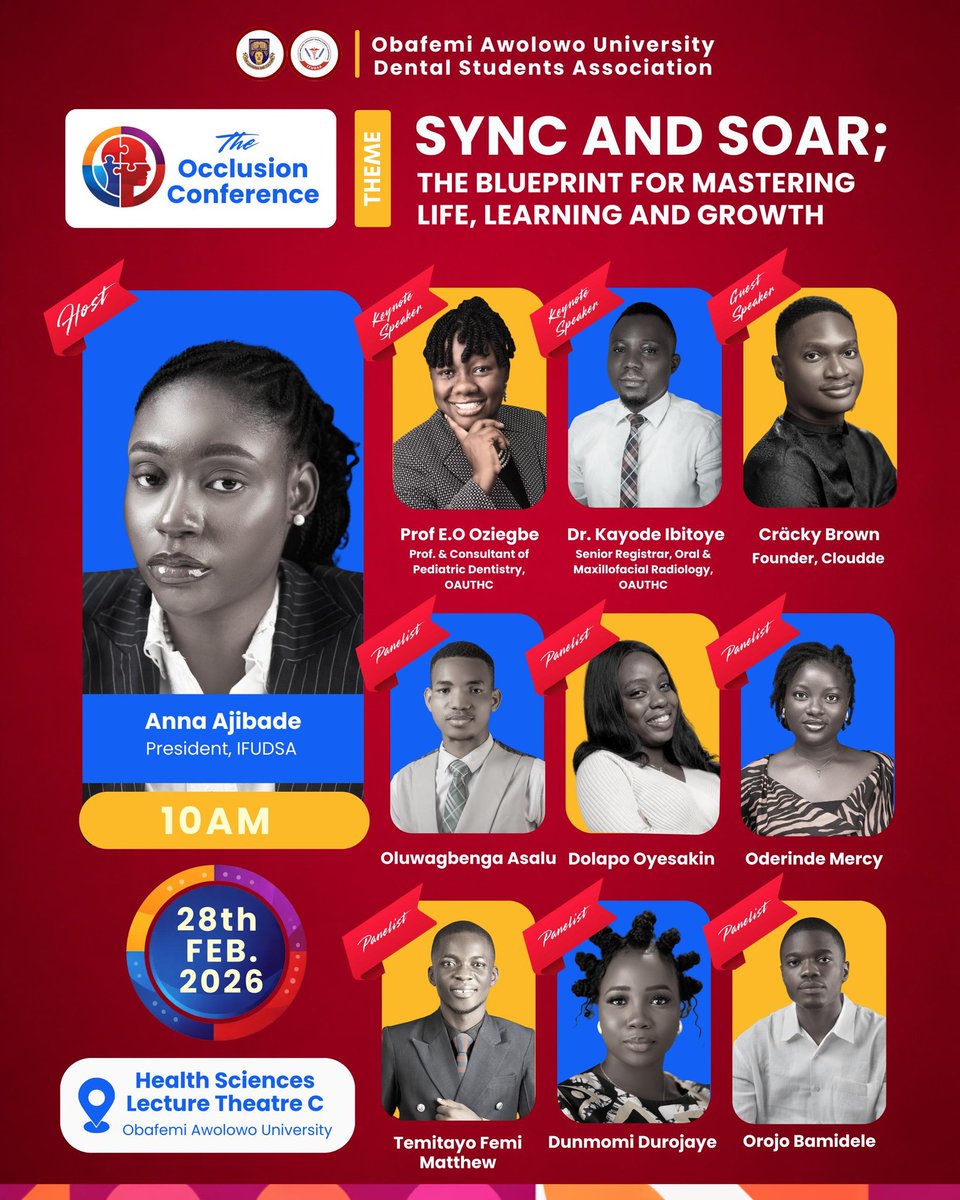 ifudsaoau's tweet photo. The Maiden edition of the Occlusion Conference - IFUDSA’s Preclinical Conference is here 🔥

A conference designed to strengthen your foundations, deepen understanding, and transform the way you see academics and life beyond the classroom

Come get the blueprint to stand out! https://t.co/KpODDO74Pf