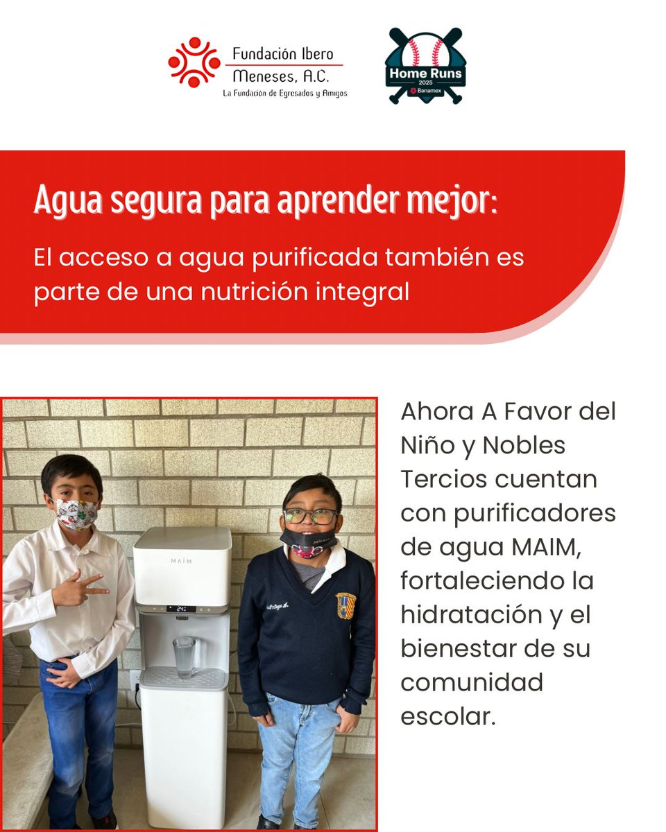 Gracias al apoyo de Home Runs Banamex 2025 y la colaboración de MAÏM instalamos purificadores de agua en nuestras donatarias A Favor del Niño y Nobles Tercios.

<a href="/fomento_social/">Fomento Social Banamex, A.C.</a> 

#LogrosCompartidos #HomeRuns2025