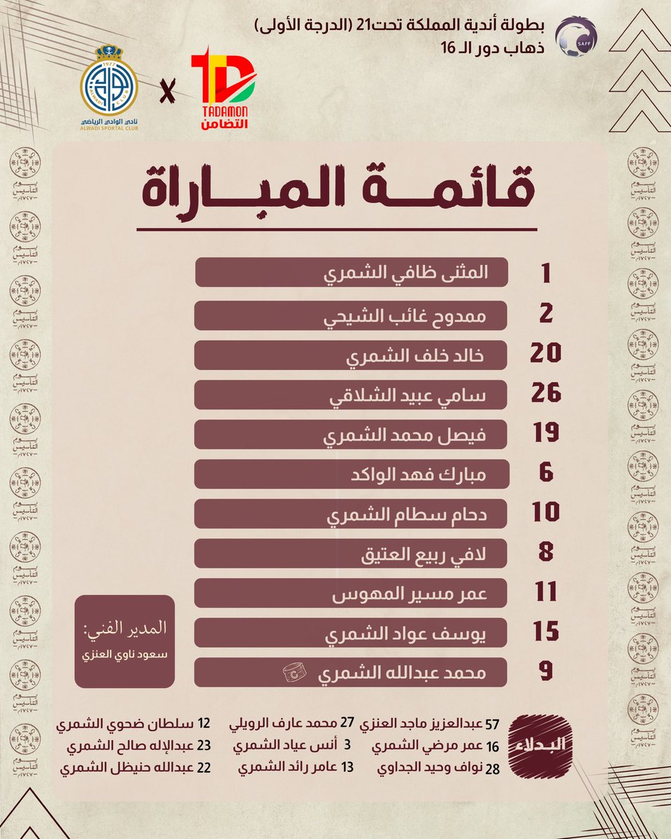 📋| قائمة فريق #التضامن (U21) أمام الوادي ⚽️

#التضامن_الوادي #رفحاء