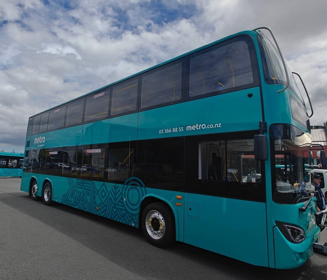 NZTransitBuzz's tweet image. #BusNews: An event to officially launch Christchurch's new electric double-decker bus was held on Monday, as the bus has completed trials and will be on route 7 in the coming weeks.