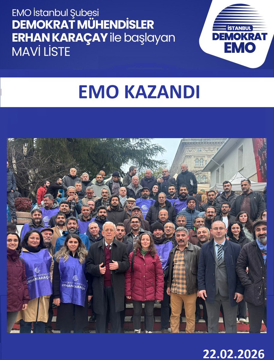 istdemokratemo's tweet photo. Değerli Meslektaşlarımız,

22 Şubat 2026 tarihinde gerçekleştirilen EMO İstanbul Şubesi seçimleri sonuçlanmıştır.
Seçim sonuçlarına göre;

🔵Erhan Karaçay ile başlayan Mavi Liste: 1414 oy
🔴Frekans Grubu: 1304 oy
Ⓜ️Burak Daşdemir ile başlayan Mavi Liste: 839 oy

#emo #EMOİstanbul https://t.co/GJVUREDXCF