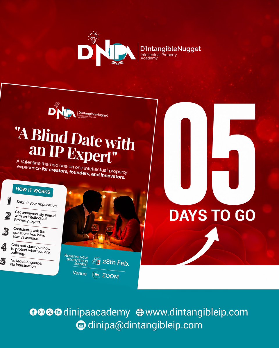 DINIPAACADEMY's tweet photo. 5 Days 2go 🥳
The #DINIPA Blind Date with an IP Expert is almost here and our IP Experts are set to answer your pressing questions.
If you’re a participant, get ready 4 your date🕺💃🏼, & if you’re watching from the sidelines, stay close-more impactful programs are coming 🫵🏽 way. https://t.co/gY7w66jh0F