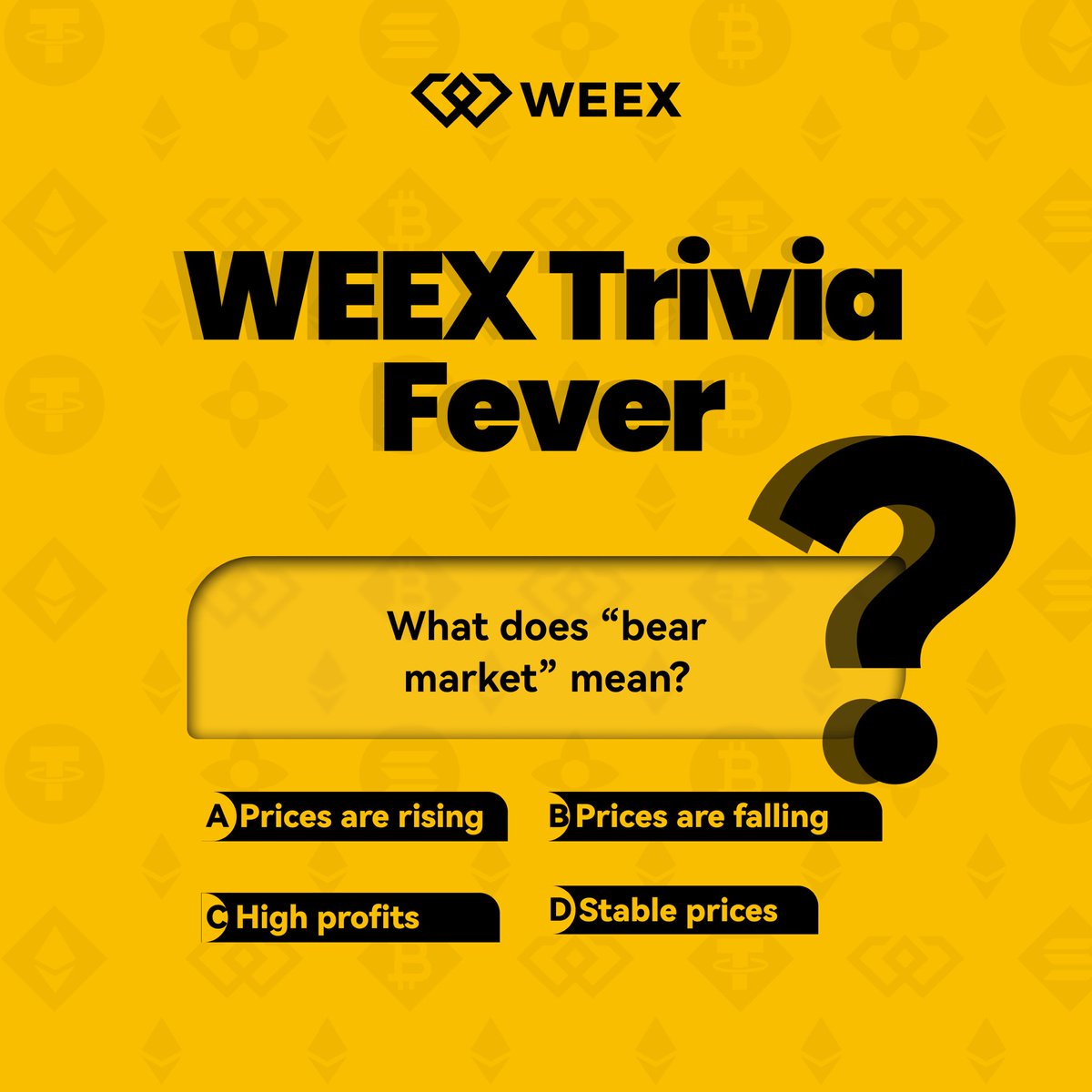 🚀WEEX Trivia Fever DAY 13

Answer daily crypto questions and stand a chance to win from the $500 prize pool 

To get started:
✅ Follow <a href="/WEEX_Africa/">WEEX Africa</a> &amp; turn on post notifications
🔁 Retweet this post
✅Tag 3 friends who are not following <a href="/WEEX_Africa/">WEEX Africa</a>
✅Drop your answer + UID
