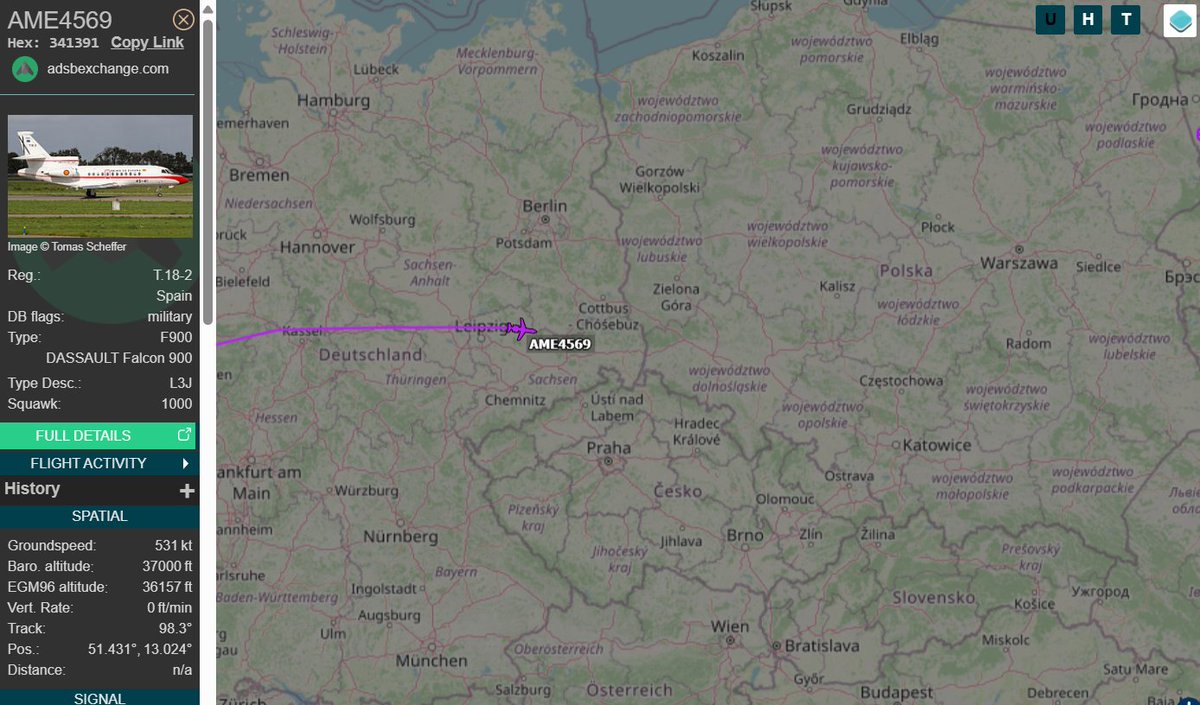 PolishMilRadar's tweet photo. 📅23.02🕒19:36LT - ✈️🇪🇸 Hiszpański F900 w drodze do Rzeszowa
Kolejną delegacją do Kijowa 🇺🇦 na jutrzejszą rocznice wybuchu wojny jest Hiszpania.
✈️Dassault Falcon 900 | REG: T.18-2 #AME4569 Sił Powietrznych Hiszpanii 🇪🇸 wystartował z lotniska w Brukseli #EBBR | Belgia 🇧🇪
W Rzeszowie #EPRZ spodziewany jest za około godzinę.
🔗https://t.co/U8iPU7qchm
#POLMILRADAR
