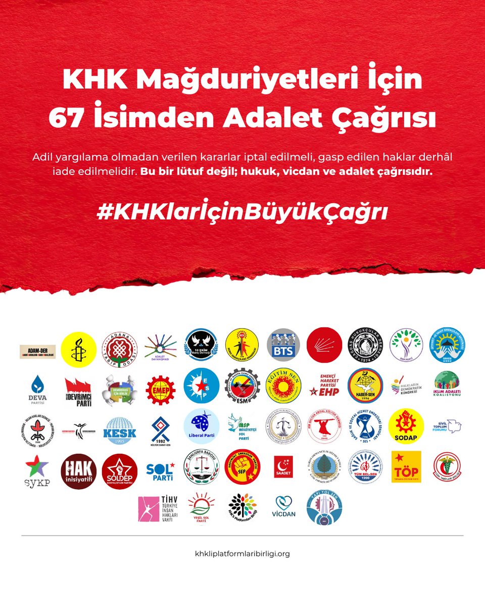 12 sendika, 17 parti, 22 insan hakları ve hukuk örgütü…
67 genel başkan ve sözcüden ortak çağrı!

10. yılına giren KHK mağduriyetleri artık son bulmalı.
    Adalet geciktikçe yaralar büyüyor.

#KHKlarİçinBüyükÇağrı