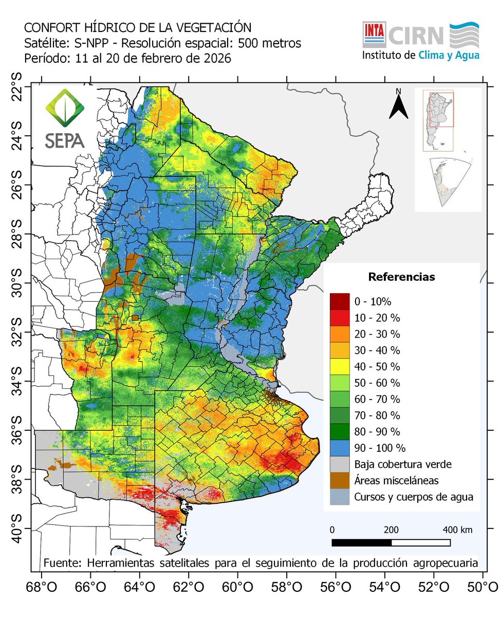 JorgeLMercau's tweet image. #SEPA 11-20 feb
 #Recarga franja central (&amp;gt;90mm Litoral) y sur Transpira el Norte💪

#Confort: Mejoró💪
Pero MAL en parte Dep. Salado y P. interior (sin #NapaCerca)

al 21feb
#Agua2m % y mm estaría BAJA en GRAN área, y ya moderada en Chaqueña, entrando a etapas críticas🧐 
🤞🌧️🌧️