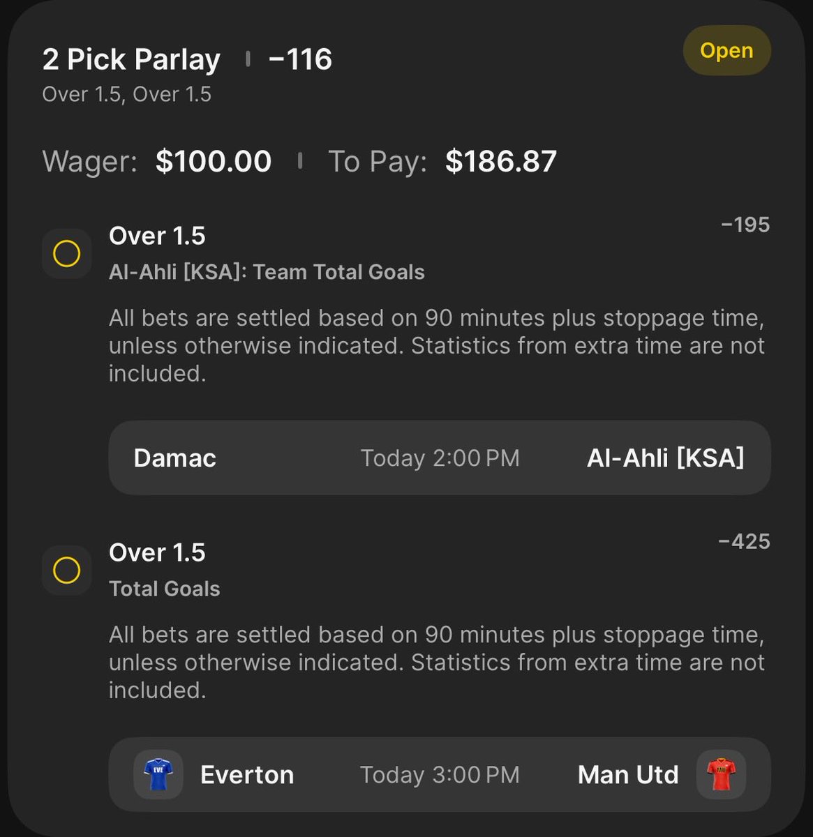 ProfitPickz's tweet image. 🪜 LADDER CHALLENGE – STAGE 1 🪜

💰 $100 ➡️ $186.87 (-116)🔥

⚽ Al-Ahli Team Total Over 1.5
⚽ Everton vs Man United – Over 1.5 Goals

Just need goals.
No chaos. No red cards. 😅

Let’s start the climb clean. 📈🔥

#GamblingX #SoccerPicks #BankrollBuilding #BettingTwitter