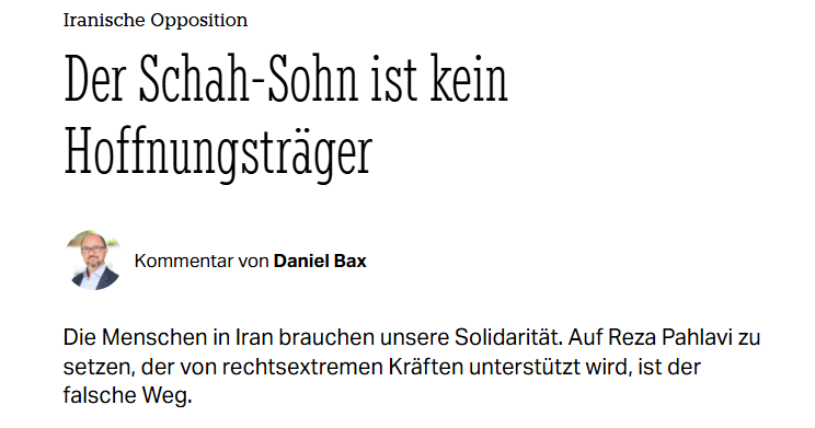تاگس سایتونگ آلمان :«پسر شاه امیدی به آینده ندارد.
مردم ایران به همبستگی ما نیاز دارند. تکیه بر رضا پهلوی که مورد حمایت نیروهای راست افراطی است، رویکرد اشتباهی است.»
#نه_شاه_نه_شیخ
