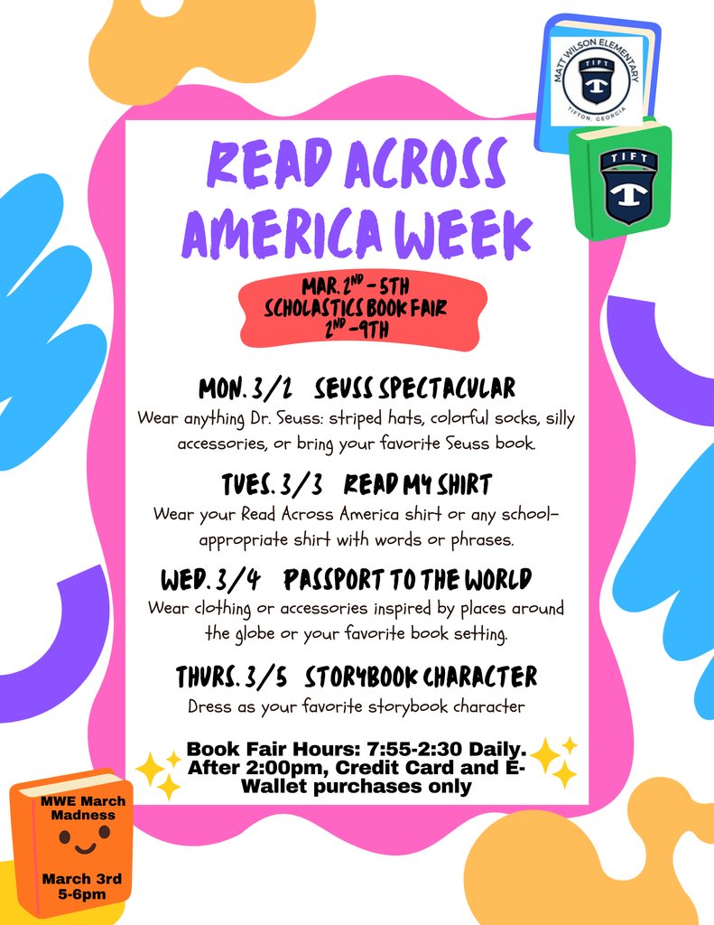 MWES_Tift's tweet photo. Read Across America Week, Book Fair, and March Madness coming up next week at MWE!!!! https://t.co/agfetbyaMo