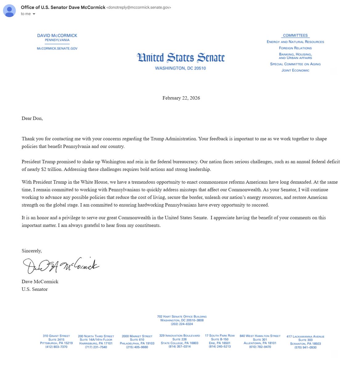 I am finished wasting my time contacting <a href="/SenMcCormickPA/">Senator Dave McCormick</a> who thinks he can outright lie to the very Pennsylvania voters he is supposed to serve. Check out the latest.