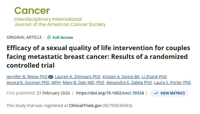 JournalCancer's tweet image. Breast cancer patients with metastases face significant sexual concerns. A couple-based videoconference sexual QOL intervention shows benefit for patients' and partners' sexual and psychosocial outcomes.

acsjournals.onlinelibrary.wiley.com/doi/10.1002/cn…

@DrJennyReese @OncoAlert #BCSM