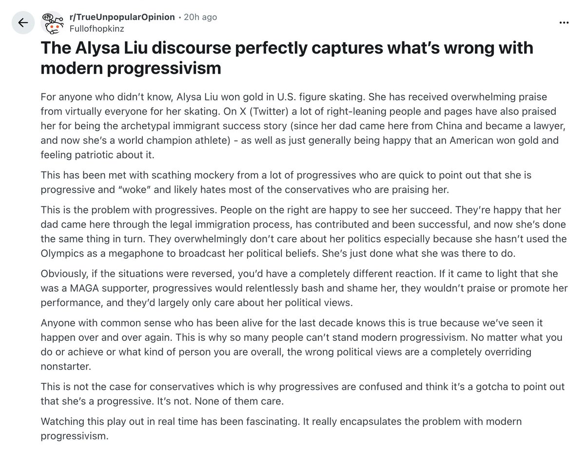 I was going to write something on everything the Alysa Liu case reveals about leftists but there is no need because this is perfect.
