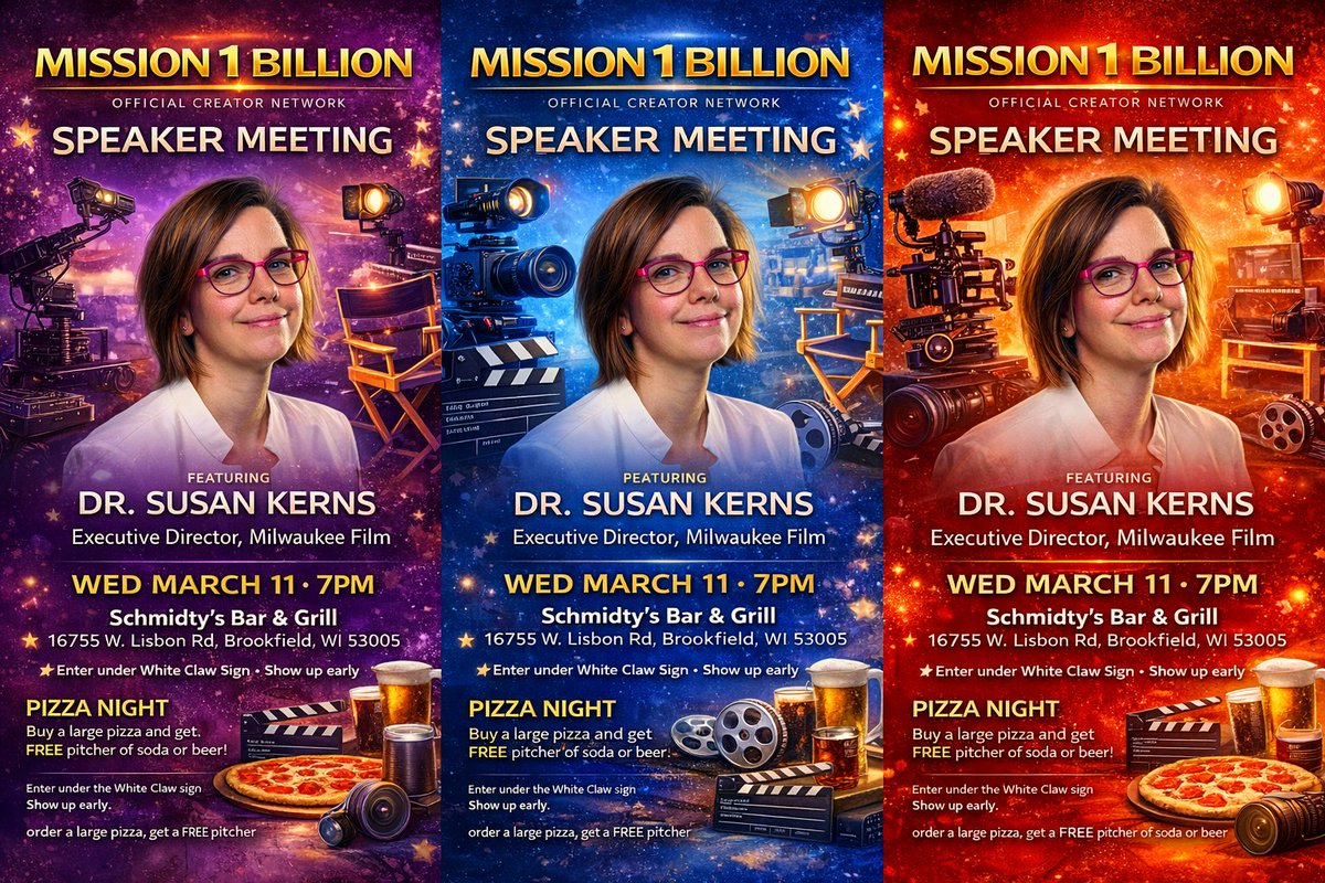 Dr Susan Kerns CEO MKE Film Speaks Mission 1 Billion. JOIN US! Free and open to public. Details on poster. Please share