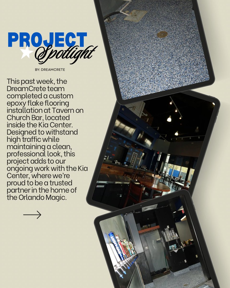 DreamCreteCC's tweet image. 🔥 GAME DAY READY 🔥

This past week, the DreamCrete team installed a custom epoxy flake floor to Tavern on Church Bar inside the Kia Center!! 
✨💙 #MagicMade #OrlandoMagic #GameDayVibes #EpoxyFlake #Orlandocontractors