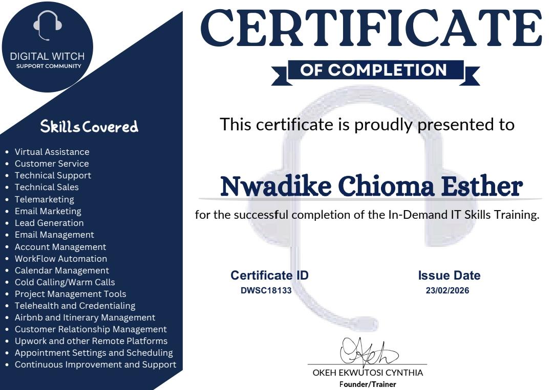 Achievement unlocked! ✅ Officially certified in IT Support. Looking forward to applying these skills to make tech accessible and efficient, Special thanks to <a href="/ekwyfreedom32/">Digital Witch</a> for making the learning journey insightful and practical based 
#ITSupport #CareerGrowth #TechSkill