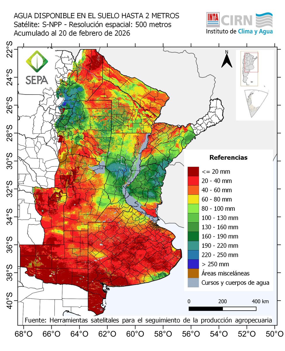 JorgeLMercau's tweet image. #SEPA 11-20 feb
 #Recarga franja central (&amp;gt;90mm Litoral) y sur Transpira el Norte💪

#Confort: Mejoró💪
Pero MAL en parte Dep. Salado y P. interior (sin #NapaCerca)

al 21feb
#Agua2m % y mm estaría BAJA en GRAN área, y ya moderada en Chaqueña, entrando a etapas críticas🧐 
🤞🌧️🌧️