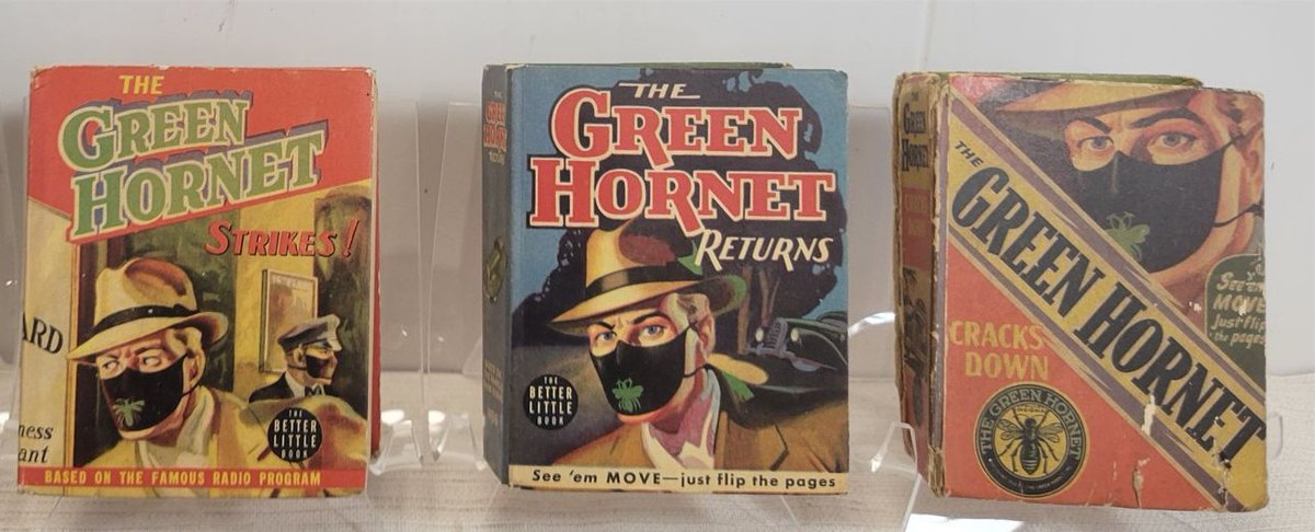 MEarthprime's tweet photo. Better Little Books (originally Big Little Books) were small, compact books featuring a captioned illustration on one page and text on the opposite page.
Whitman Books released three books based on the #GreenHornet, all of which were written by Fran Striker and served as tie-in novels to the radio series.

The Green Hornet Strikes! (1940)
The Green Hornet Returns (1941)
The Green Hornet Cracks Down (1942)

Something I learned today. 🤔