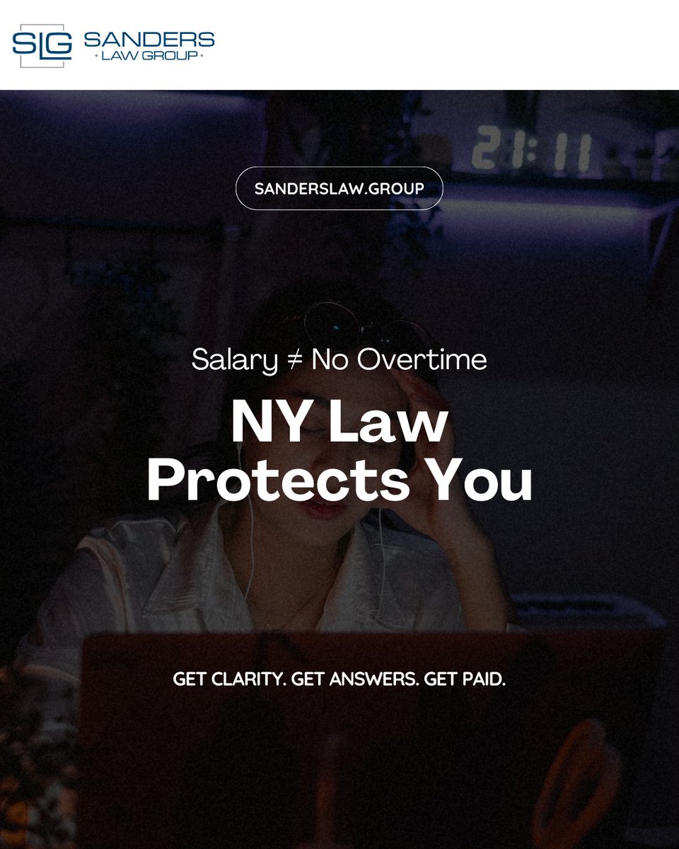 SLG__lawfirm's tweet photo. Think being salaried means no overtime?
That’s one of the biggest myths at work.

If you’re working 40+ hours and not seeing extra pay, it’s time to ask questions.

Read our blog – https://t.co/PFVUFWE3td

#OvertimeRights #NewYorkLaw #EmploymentLaw #UnpaidWages #SandersLawGroup https://t.co/JkZdgBES9Z