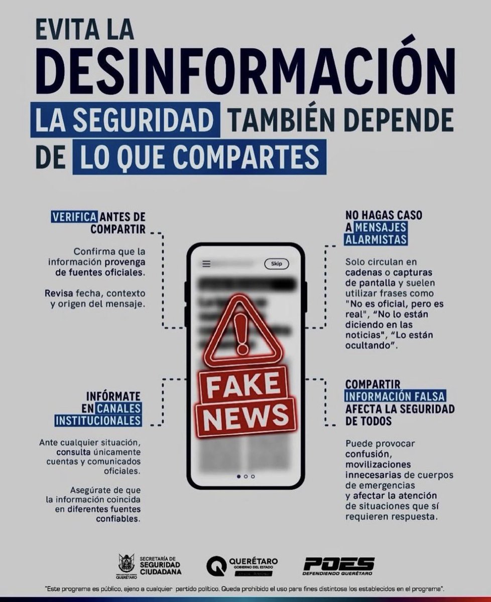 ✋🏼Antes de compartir información, verifica 🤚🏼
Revisa la fuente, fecha y contexto.
La desinformación genera confusión, alarma innecesaria y puede afectar la seguridad de todos.
Infórmate siempre en canales y medios oficiales у contribuye a construir una comunidad mejor informada.