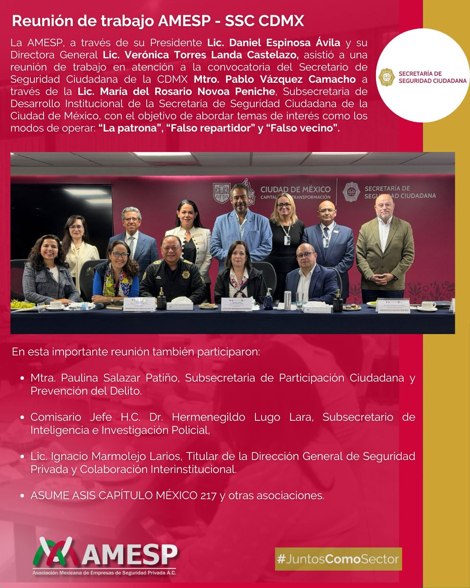 El pasado 20 de febrero, participé en una reunión de trabajo entre la <a href="/SSC_CDMX/">SSC CDMX</a> y la <a href="/AMESP_oficial/">AMESP</a>, con el objetivo de generar acciones para mejorar la selección del personal de seguridad privada y construir estrategias efectivas para la prevención del delito. 
Seguiremos