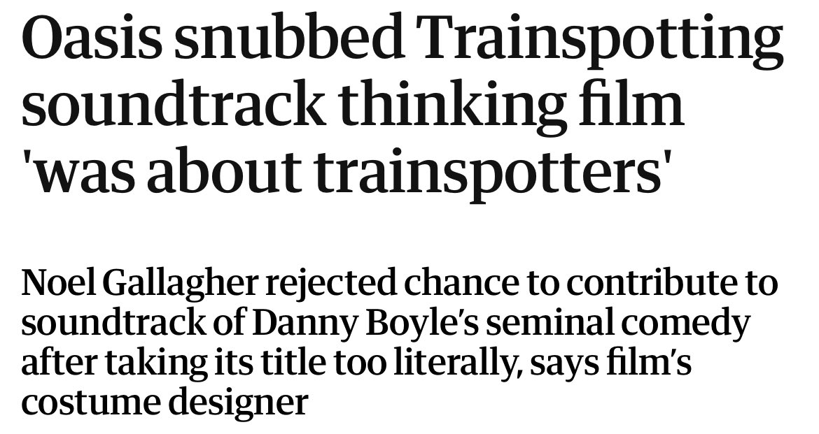 trainspotting came out 30 years ago today and i’ll always think about how noel gallagher refused to feature on the soundtrack because he thought the film was about spotting trains