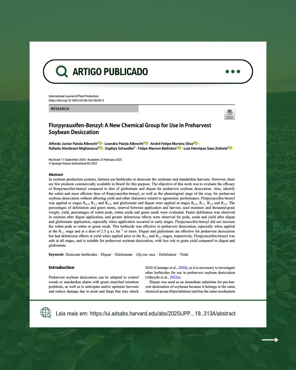 professorpaiola's tweet photo. Nosso estudo, publicado no International Journal of Plant Production (2025), avaliou o florpirauxifen-benzyl na dessecação pré-colheita da soja.

Confira o artigo completo no link 
🔗 https://t.co/tlBHwxoPxA https://t.co/eWRimp69We