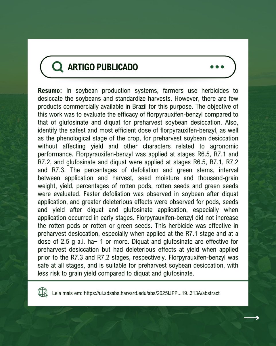 professorpaiola's tweet photo. Nosso estudo, publicado no International Journal of Plant Production (2025), avaliou o florpirauxifen-benzyl na dessecação pré-colheita da soja.

Confira o artigo completo no link 
🔗 https://t.co/tlBHwxoPxA https://t.co/eWRimp69We