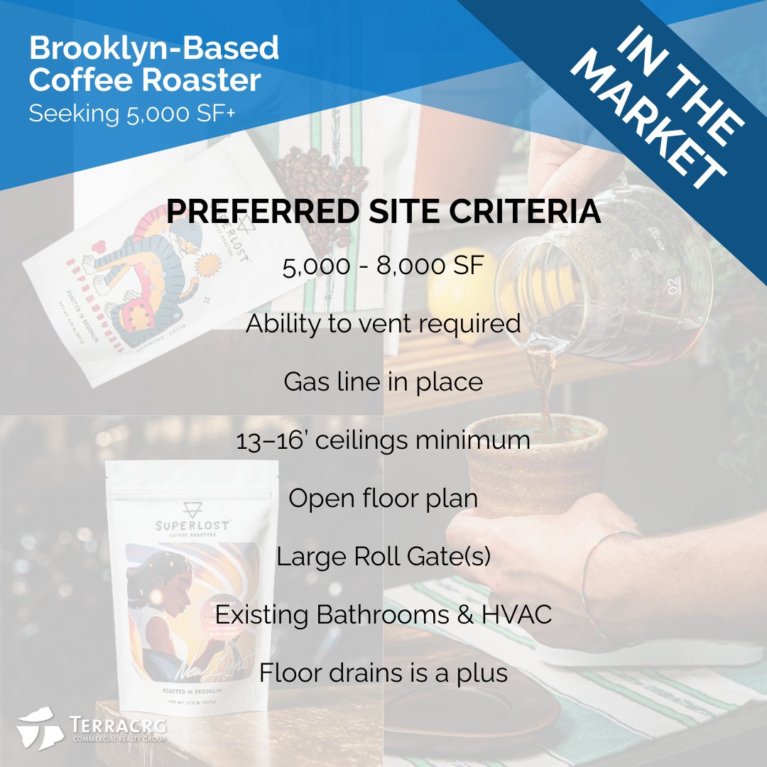 TerraCRG is pleased to exclusively represent <a href="/SuperlostCoffee/">Superlost Coffee</a> in its search for new production &amp; #officespace in #Brooklyn. If you would like to discuss potential opportunities, please contact Nelson Kim, Peter Schubert, Kyle Williams, or Darlene Lee at TerraCRG.