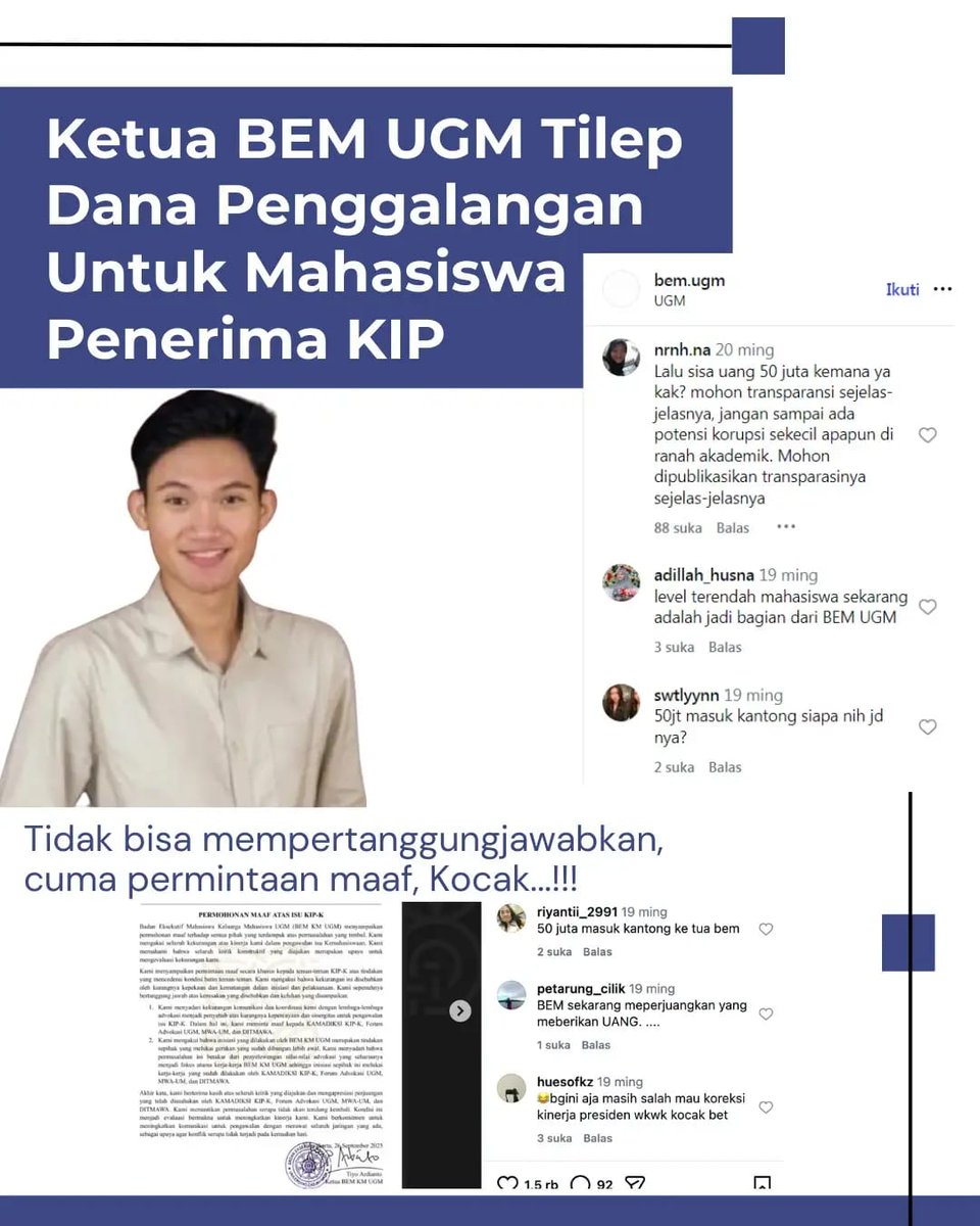 Ketua BEM UGM, Tio Ardianto, diduga pakai dana KIP untuk kepentingan pribadi.
50 JUTA hilang, transparansi NOL! 😡

#TioArdianto
#BEMUGM
#UGM
#SkandalMahasiswa
#DanaKIP
#MahasiswaKritis
#KontroversiUGM
#FYPIndonesia
#ForYouPage
#SuaraRakyat