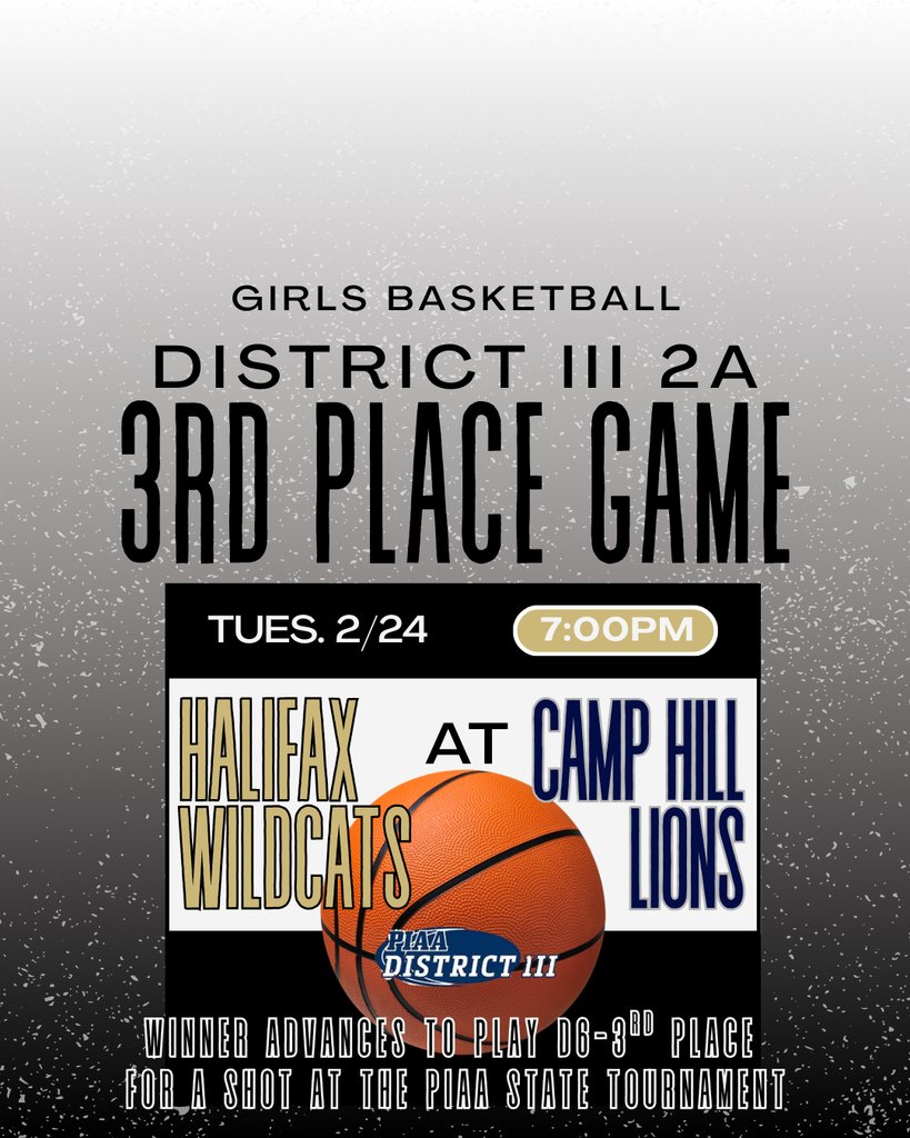 Girls Basketball duals with Camp Hill on Tuesday Feb. 24th in the D3-AA 3rd Place game at Camp Hill HS, 7:00pm Game time. The winner will host the D6 3rd place finisher on Tuesday March 4th. GO WILDCATS!
