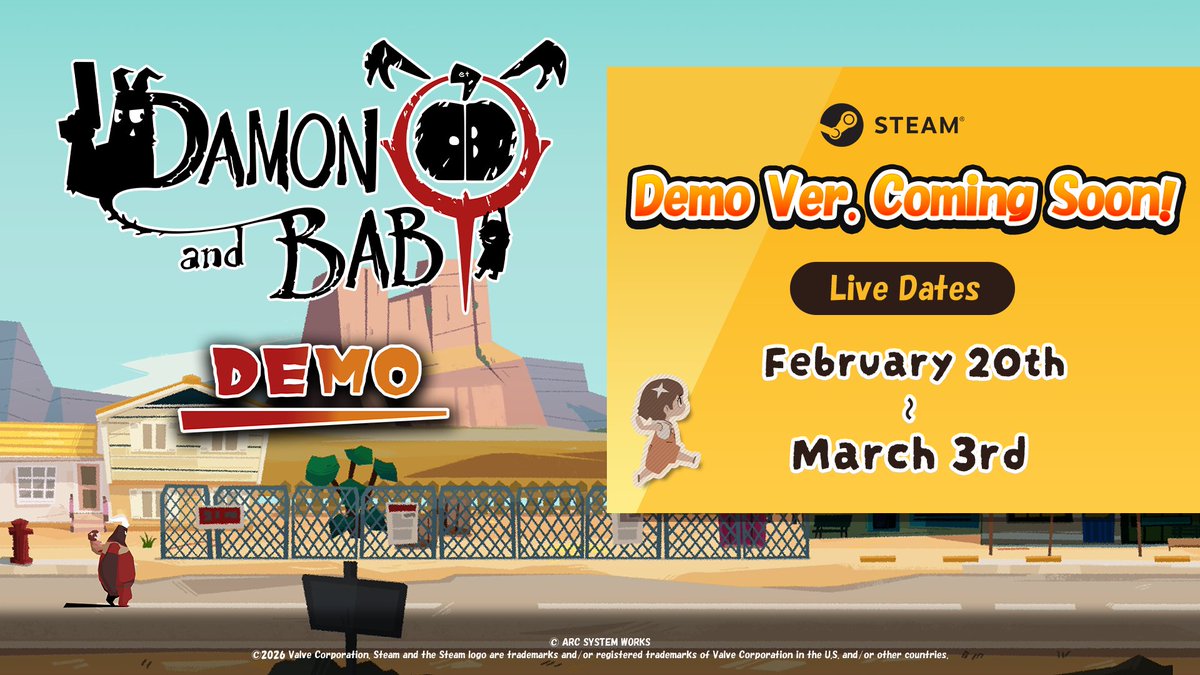 "DAMON and BABY" Demo is currently live during Steam Next Fest! 🎮

Please try it out and if you enjoy it, consider pre-ordering it to get 10% off before it launches on March 26th! 🙇

⬇️Steam Page:
steampowered.pulse.ly/9yrgrtcvrp

#DAMONandBABY #SteamNextFest