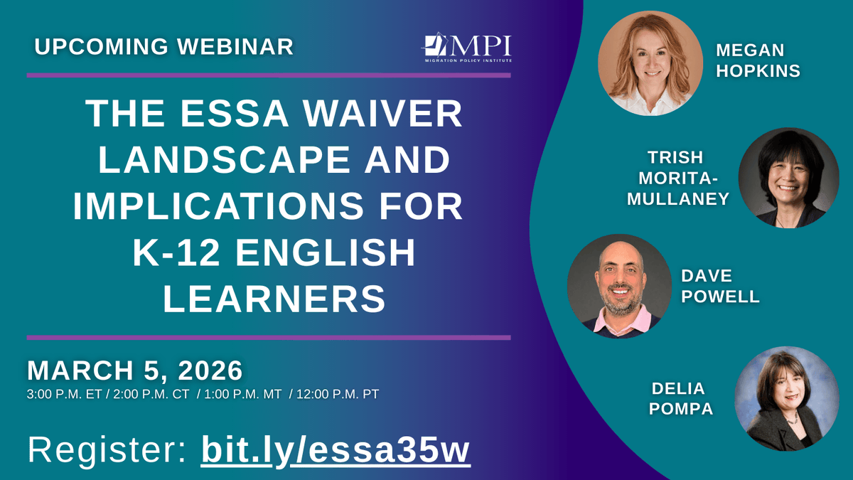 MigrationPolicy's tweet image. 📅 MPI Webinar | March 5 at 3 PM ET

States are applying for waiver of their obligations under the federal Every Student Succeeds Act (ESSA) and Iowa already has one.
 
What does this mean for EL students? 
 
 bit.ly/essa35w

#EnglishLearners #ellchat #EducationPolicy