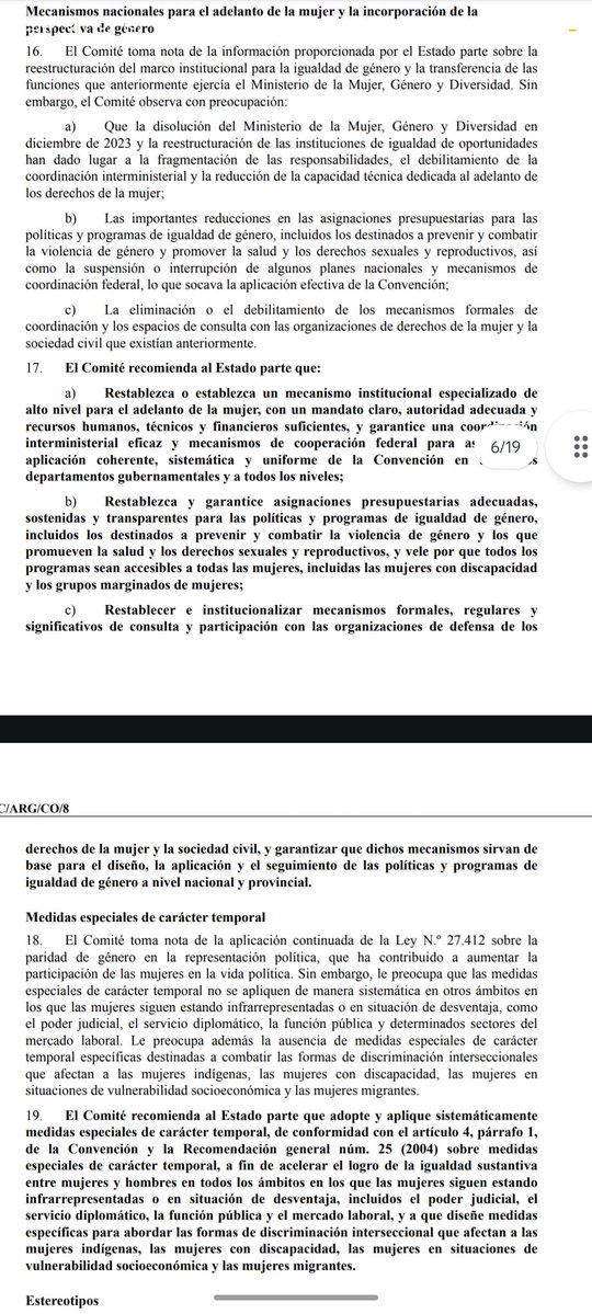 🚨Otra más de Argentina incumpliendo compromisos internacionales. El Comité para la Eliminación de todas las formas de Discriminación contra la mujer (CEDAW) le dice al Estado argentino que restablezca el Ministerio de la Mujer, Género y Diversidad con presupuesto. 🥵🫠😶‍🌫️