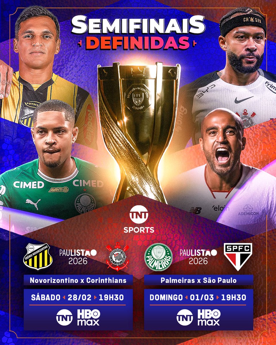 DATAS DEFINIDAS PRAS SEMIFINAIS DO PAULISTÃO! 🔥🏆 No sábado o Novorizontino recebe o Corinthians, enquanto no domingo teremos simplesmente um Choque-Rei pra definir o segundo finalista! 

E a melhor parte é: OS DOIS JOGOS ESTARÃO AO VIVO NA TNT E NA HBO MAX! 🤩😍 Vem com a