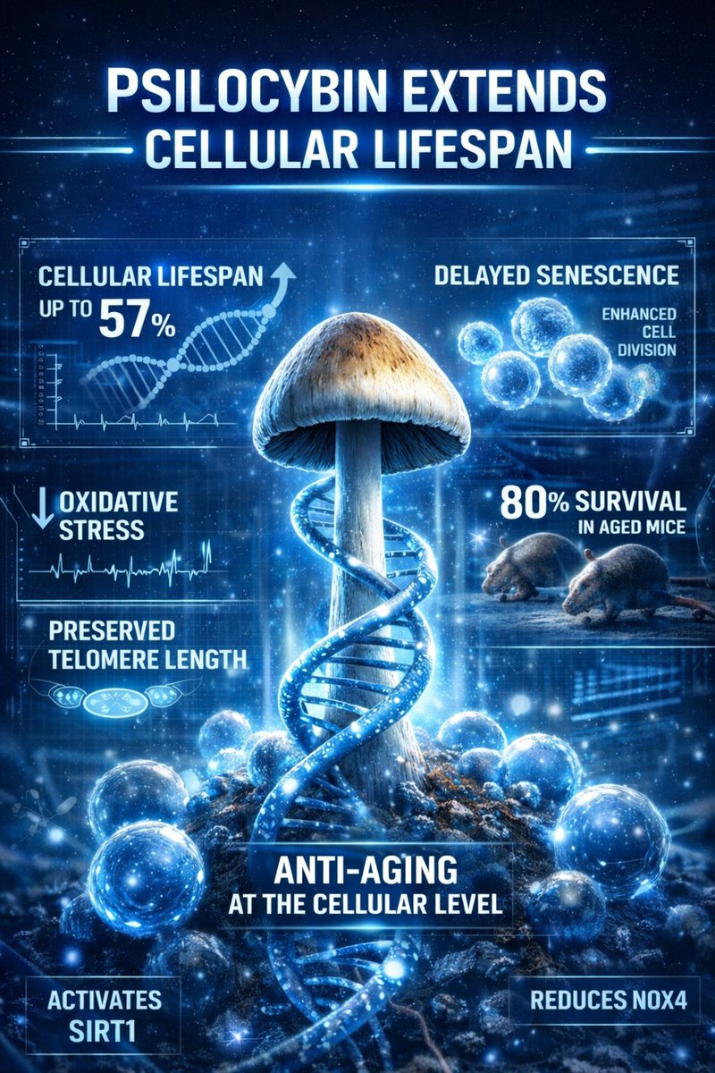 We already knew psilocybin grows new brain connections.

Now there's evidence it may slow aging at the cellular level.

A team at Emory and Baylor just published something that stopped me in my tracks.

They treated human cells with psilocin (the active metabolite your body