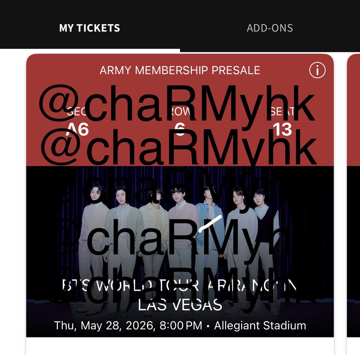 charmyhk's tweet photo. WTS / Selling 2 BTS tickets to Las Vegas May 28 

📍Section A6
📍Row 6 seats 13-14
$645 each 
Can do PayPal G&amp;S + ft
#BTS_ARIRANG #BTS_WORLDTOUR https://t.co/2tz2Hdze9w