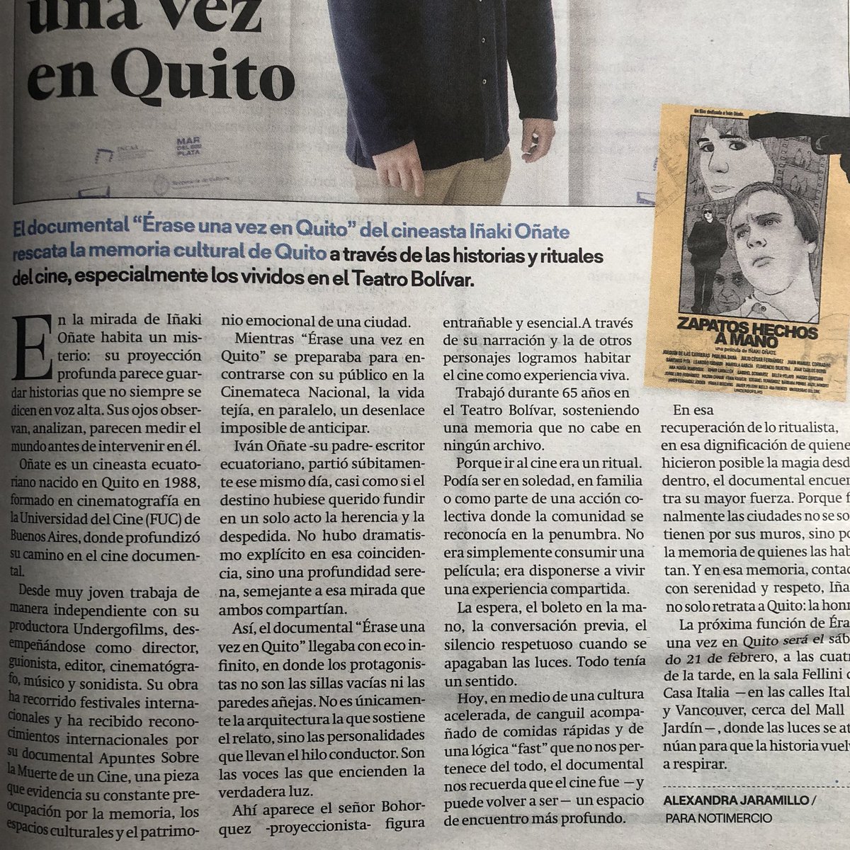 UNDERGOFILMS's tweet photo. Muy agradecido con el medio @notimercio y con la periodista Alexandra Jaramillo por tan bella crónica sobre mi documental “Érase una vez en Quito”.

#iñakioñate #eraseunavezenquito #cineecuatoriano #notimercio #cinelatino #documental #cinedocumental #quito #ecuador https://t.co/ZsFAQk30E9