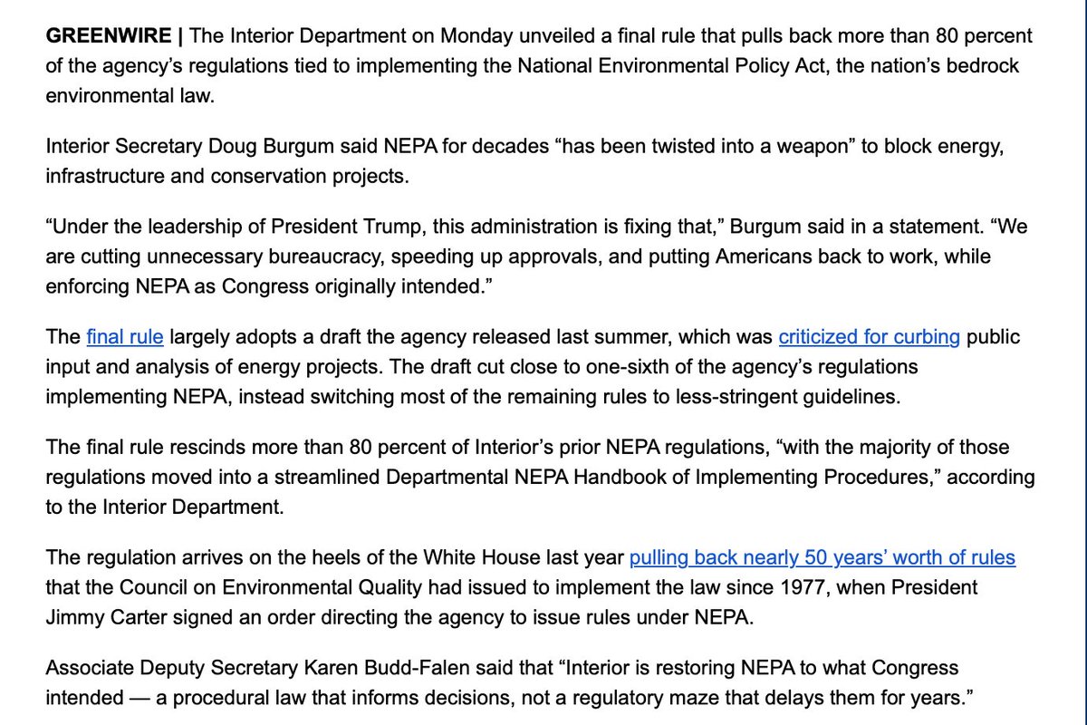 DoctorVive's tweet image. The fossil-fuel industry wanted "permitting reform" (ie, gutting the National Environmental Policy Act) so badly that the Trump regime went ahead and did it illegally.

#ClimateEmergency #EndFossilFuels

subscriber.politicopro.com/article/eenews…
