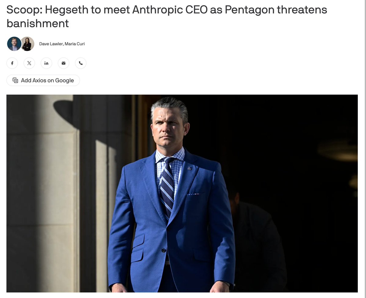 This makes it very clear: Hegseth and the Trump administration want killer robots and AI mass surveillance of Americans. 

Anthropic doesn't want this. Implication is that OpenAI, Google, and xAI are okay with it.