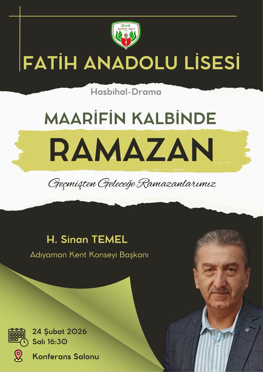 Nasip olursa Fatih Anadolu Lisesi'nde Geçmişten Geleceğe Ramazanlarımızı konuşacağız...

#RamazanAyı
#Adıyaman
#Oruç
#İbadet
#Geleneklerimiz
#Şehir
#İnsan
#FatihAnadoluLisesi